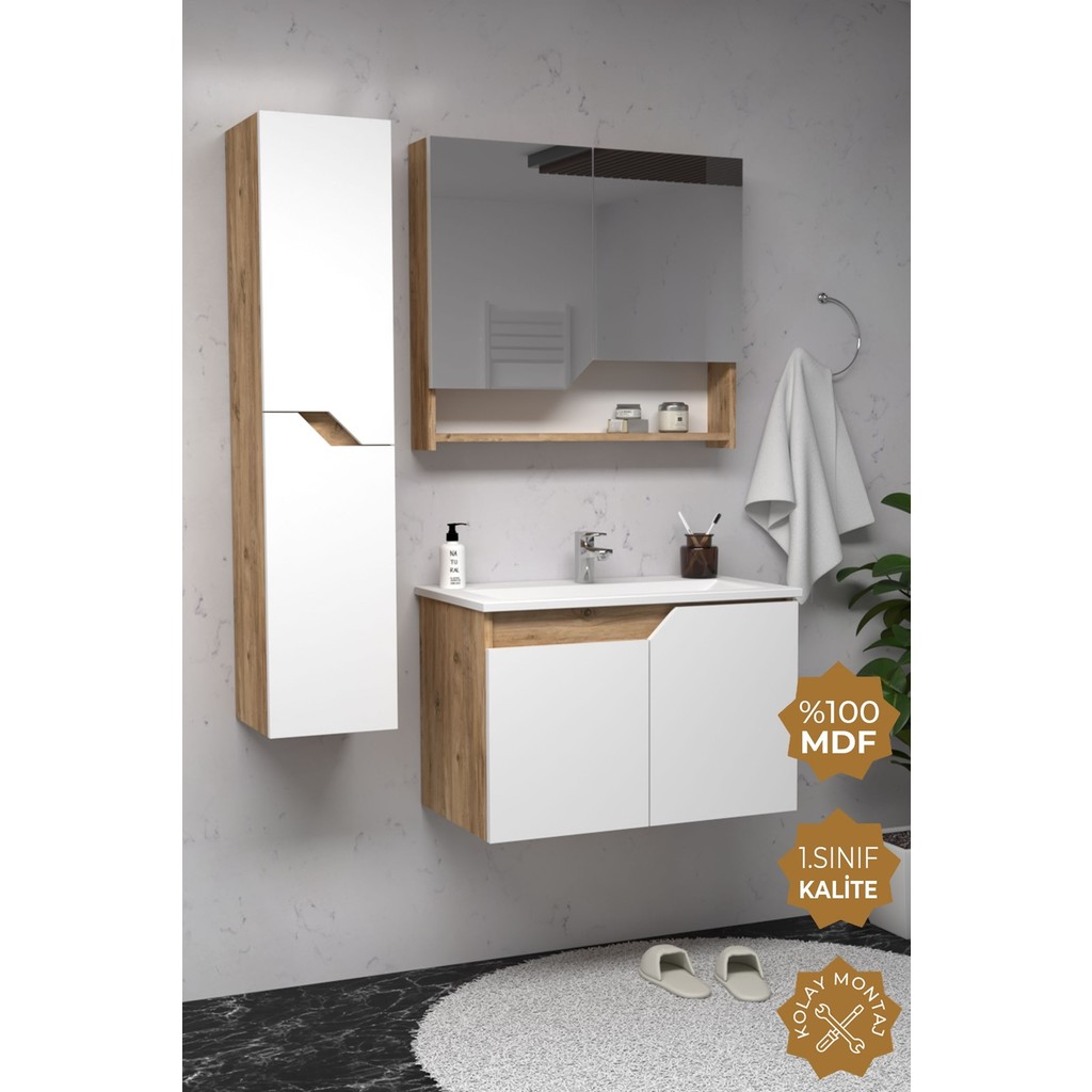 Teta Home Napoli 80 cm Mdf Banyo Dolabı Seti + Boy Dolabı - Atlantik Çam - Beyaz Banyo Dolabı / Mobilyası Fiyatı