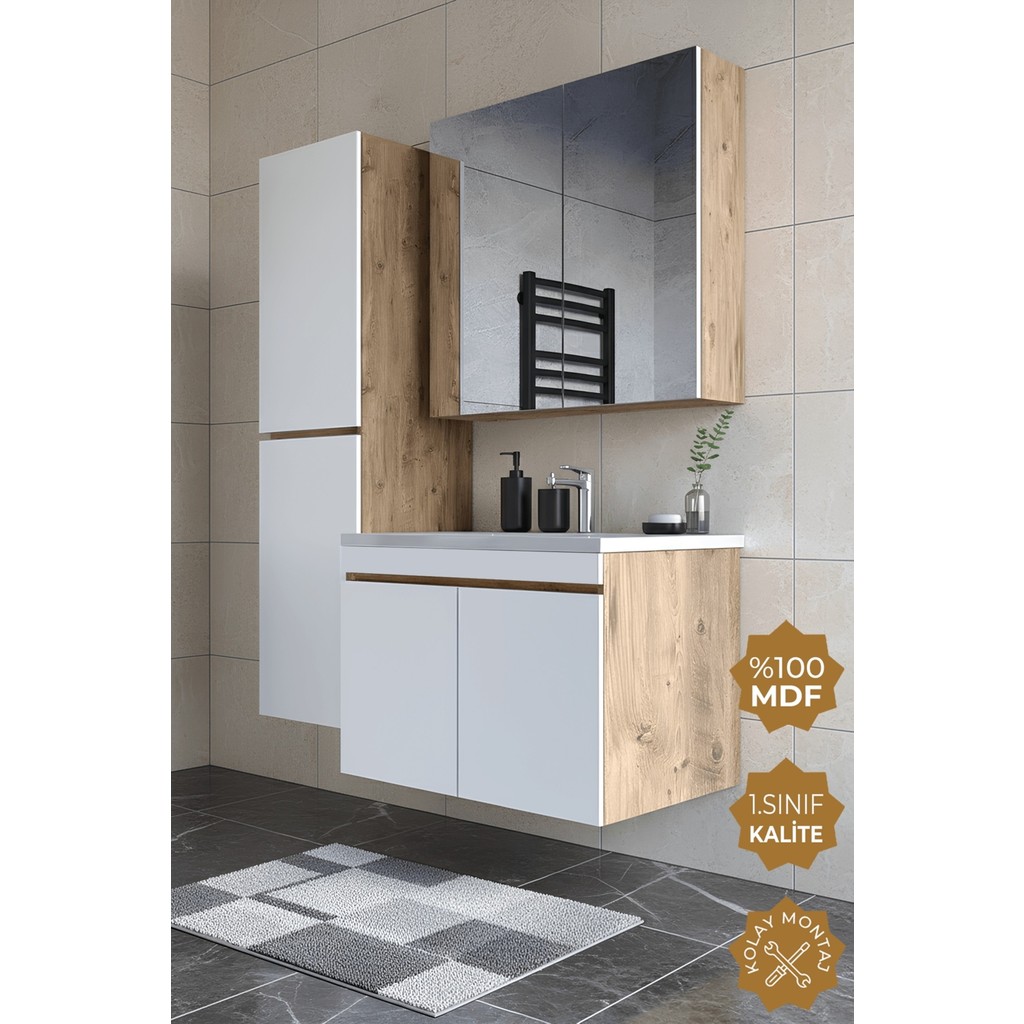 Teta Home Tokyo 65 Cm Atlantik Çam-Beyaz MDF Banyo Dolabı Seti + Boy Dolabı - Atlantik Çam - Beyaz Banyo Dolabı / Mobilyası Fiyatı