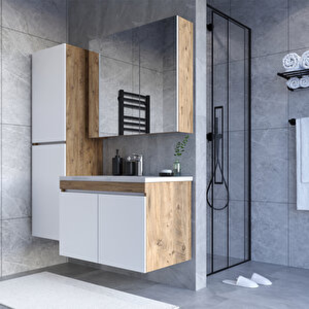 Teta Home Tokyo 65 Cm Mdf Banyo Dolabı Seti + Boy Dolabı Beyaz - Meşe Banyo Dolabı / Mobilyası Fiyatı
