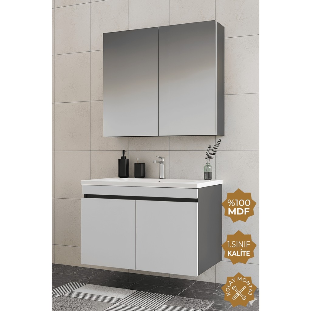 Teta Home Tokyo 65CM Mdf Banyo Dolabı Seti - Antrasit - Beyaz Banyo Dolabı / Mobilyası Fiyatı