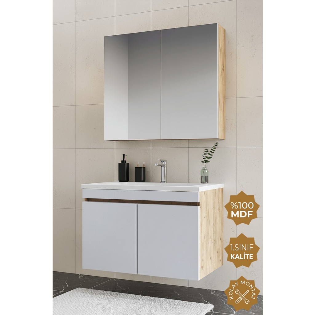 Teta Home Tokyo 65CM Mdf Banyo Dolabı Seti - Atlantik Çam - Beyaz Banyo Dolabı / Mobilyası Fiyatı