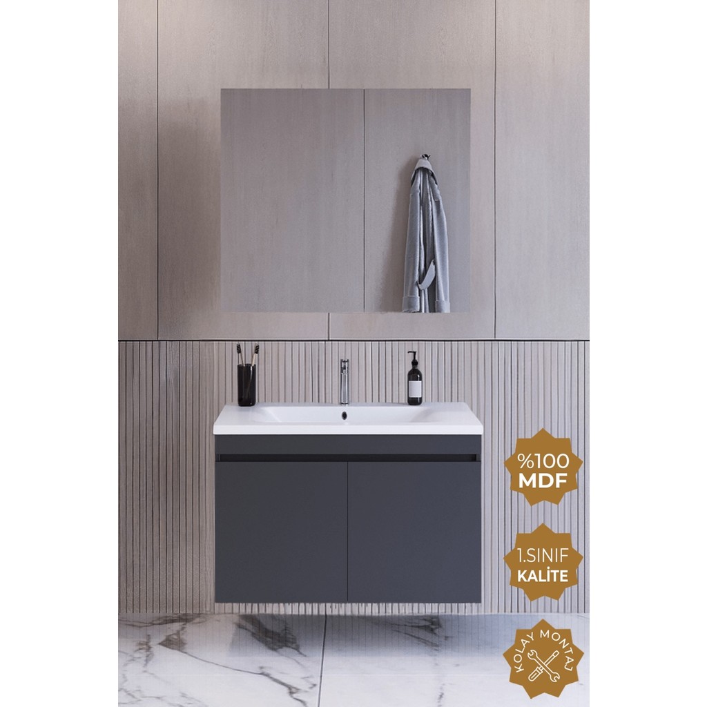 Teta Home Tokyo 80 cm Mdf Banyo Dolabı Seti - Antrasit Banyo Dolabı / Mobilyası Fiyatı