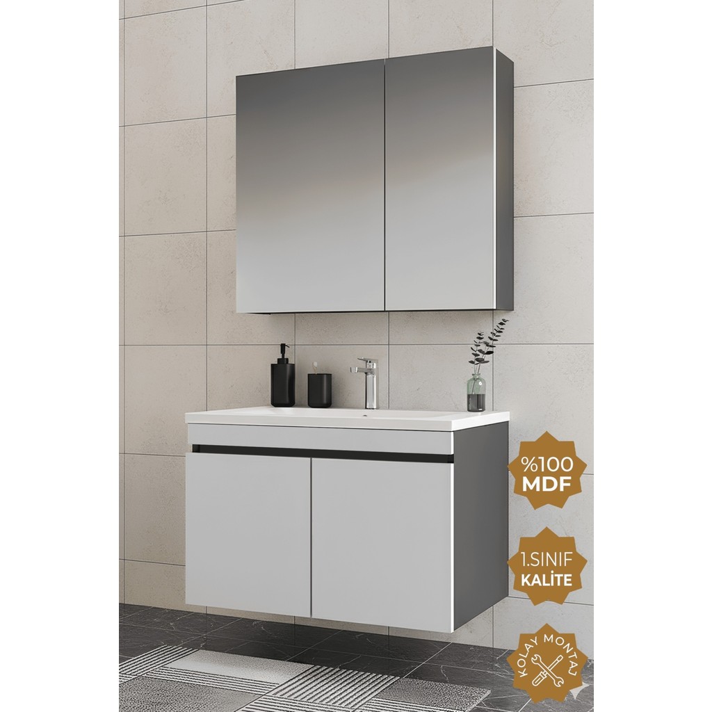 Teta Home Tokyo 80 cm Mdf Banyo Dolabı Seti - Antrasit - Beyaz Banyo Dolabı / Mobilyası Fiyatı