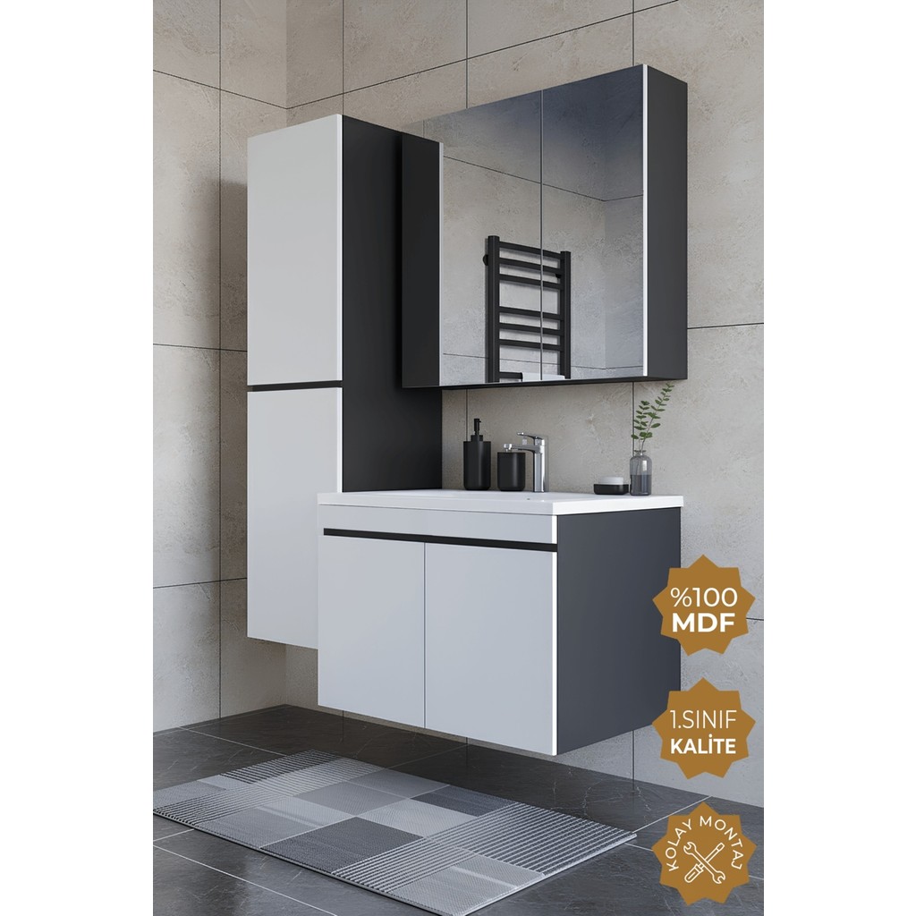 Teta Home Tokyo 80 Cm Mdf Banyo Dolabı Seti +Boy Dolabı - Antrasit - Beyaz Banyo Dolabı / Mobilyası Fiyatı