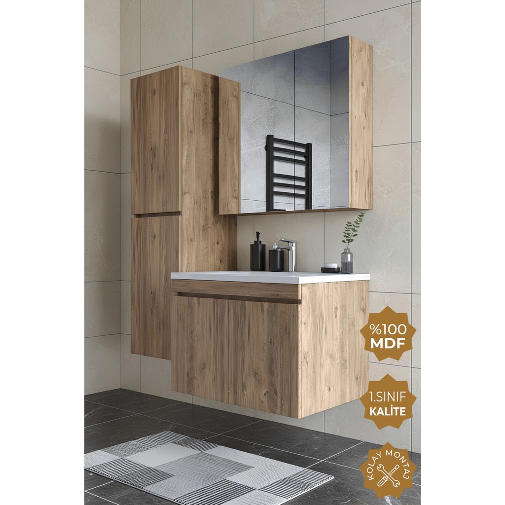 Teta Home Tokyo 80 Cm Mdf Banyo Dolabı Seti +Boy Dolabı - Atlantik Çam Banyo Dolabı / Mobilyası Fiyatı
