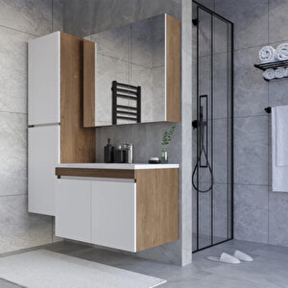 Teta Home Tokyo 80 Cm Mdf Banyo Dolabı Seti +boy Dolabı Kafkas Meşe - Beyaz Banyo Dolabı / Mobilyası Fiyatı