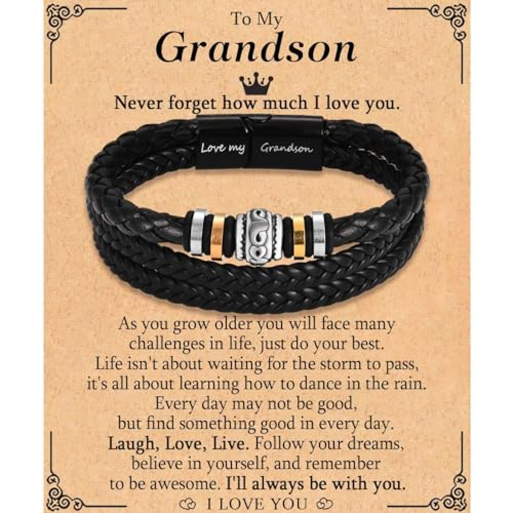 TEVOP Grandson Bracelet, Leather Bracelet Gifts for Teenage Boys, Perfect for Birthday, Christmas, Graduation