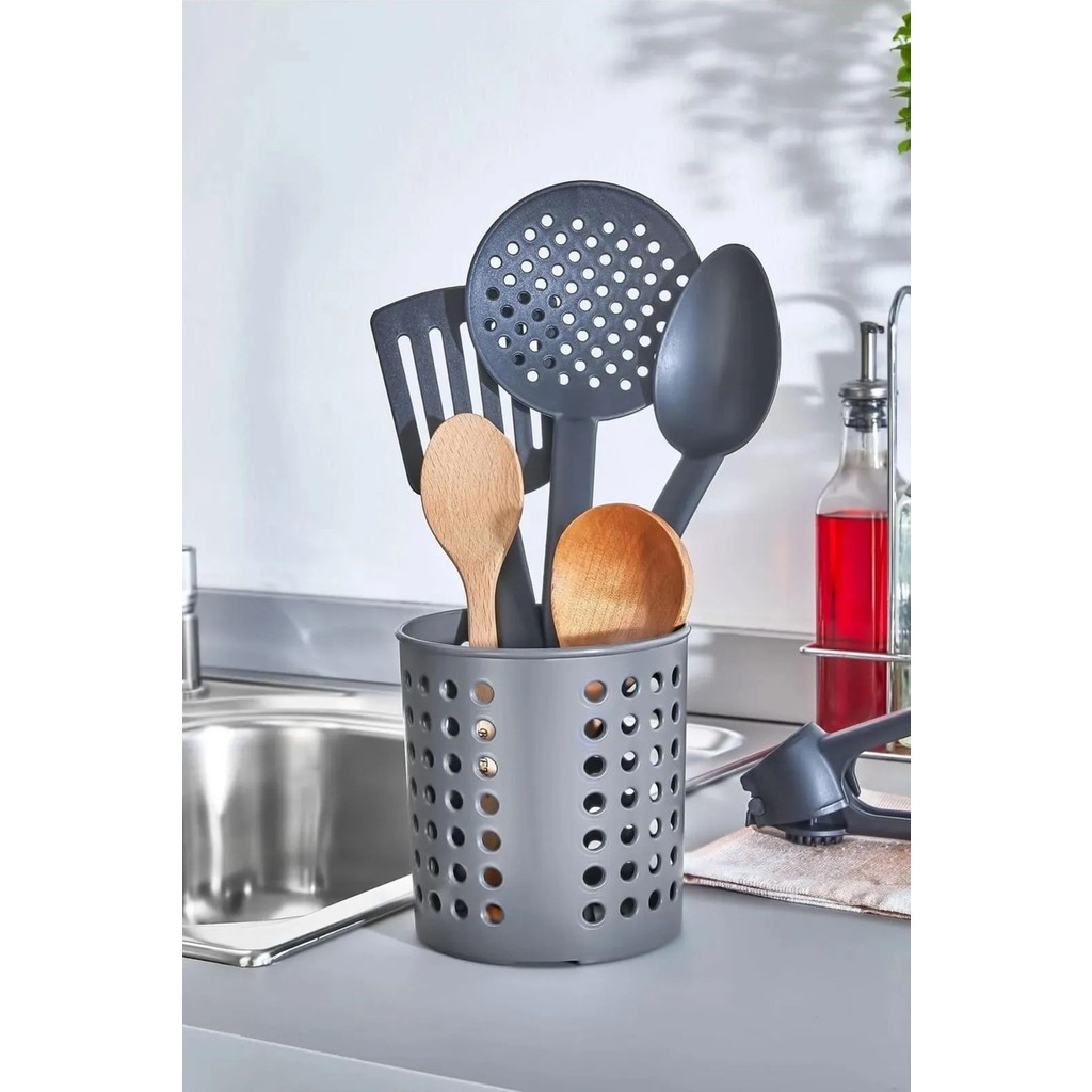 Tezgah Üstü Plastik Dik Kaşıklık - Mutfak Organizeri 12X12 cm - Antrasit Çatal / Kaşık / Bıçak Takımları Fiyatı