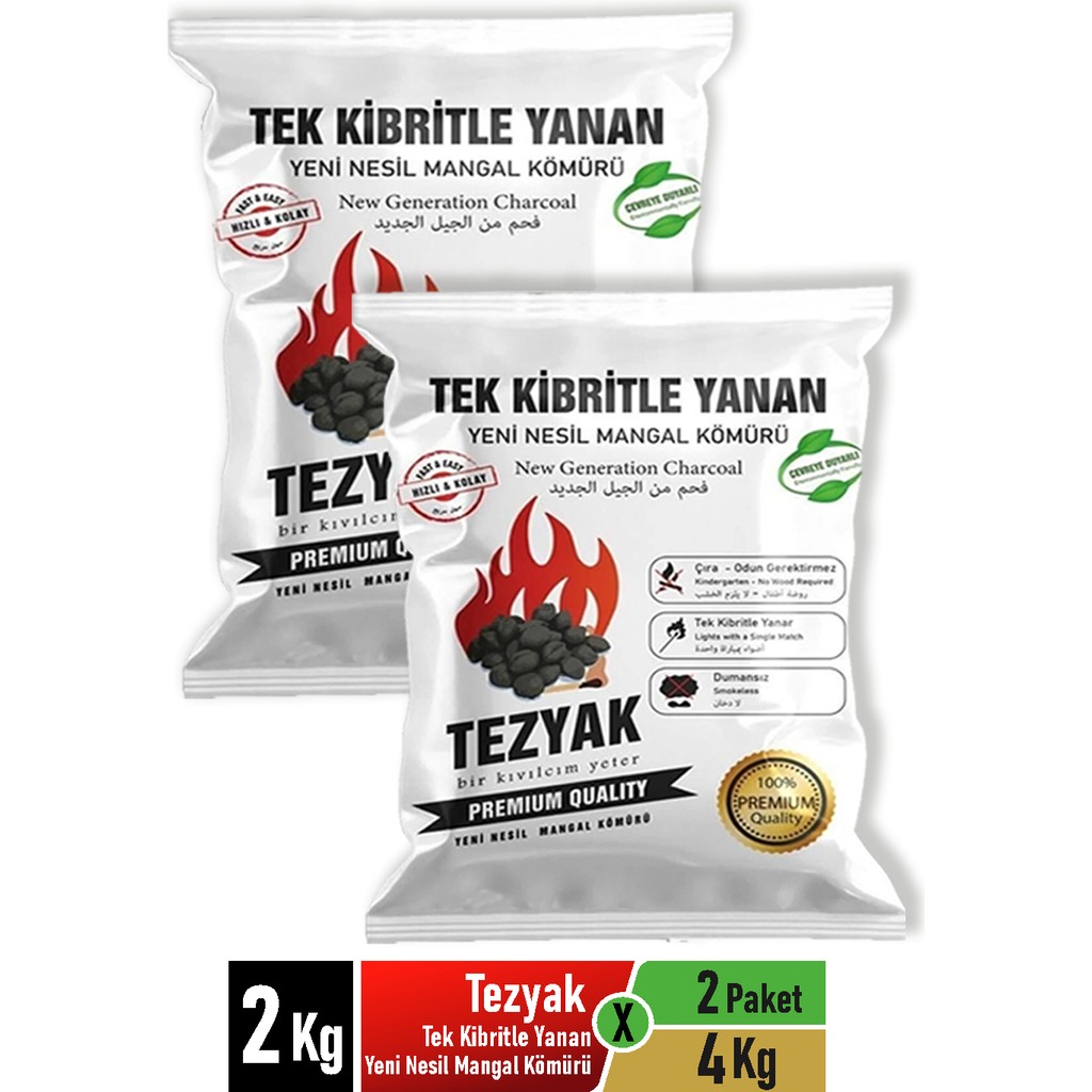 Tezyak 2 kg x 2 Paket Tek Kibritle Yanan Mangal Kömürü Kalite Koku Duman Yapmaz Diğer Fiyatı