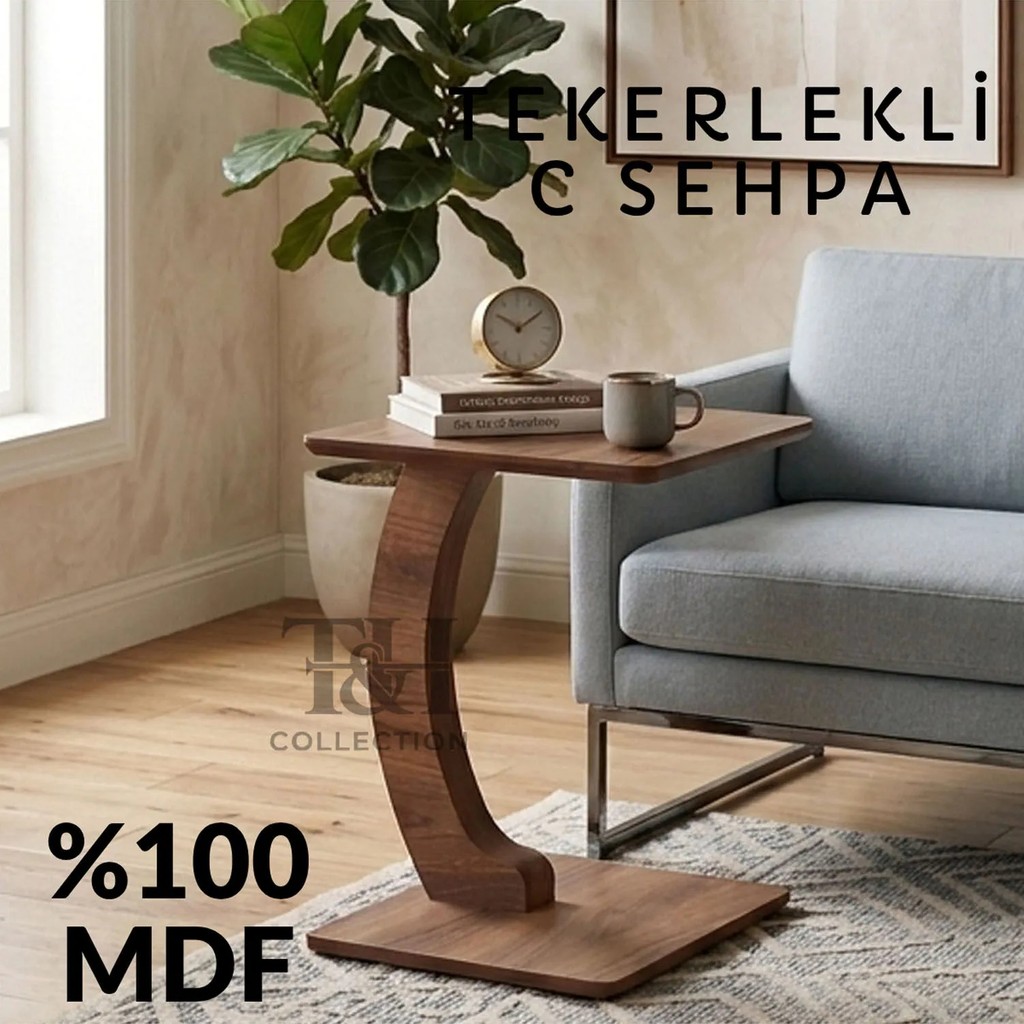 T&H C Sehpa Koltuk Sehpası Yan Sehpa Tekerlekli Yan Sehpa Dikdörtgen Servis Sehpası Ceviz Koltuk Fiyatı