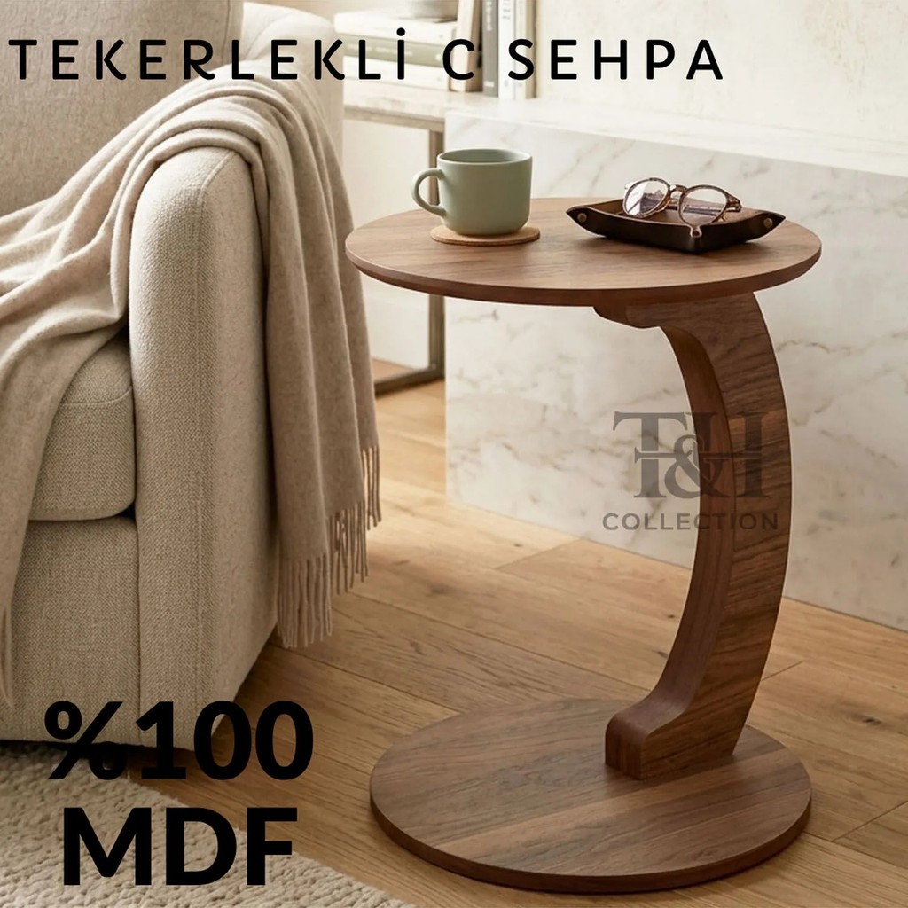 T&H C Sehpa Koltuk Sehpası Yan Sehpa Tekerlekli Yan Sehpa Servis Sehpası Ceviz Koltuk Fiyatı