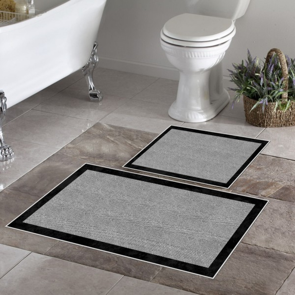 Thalia Home Kaymaz Taban Yıkanabilir 2'li Set Banyo Halısı Banyo Paspası Klozet Takımı - Gri - Siyah Klozet Takımı Fiyatı