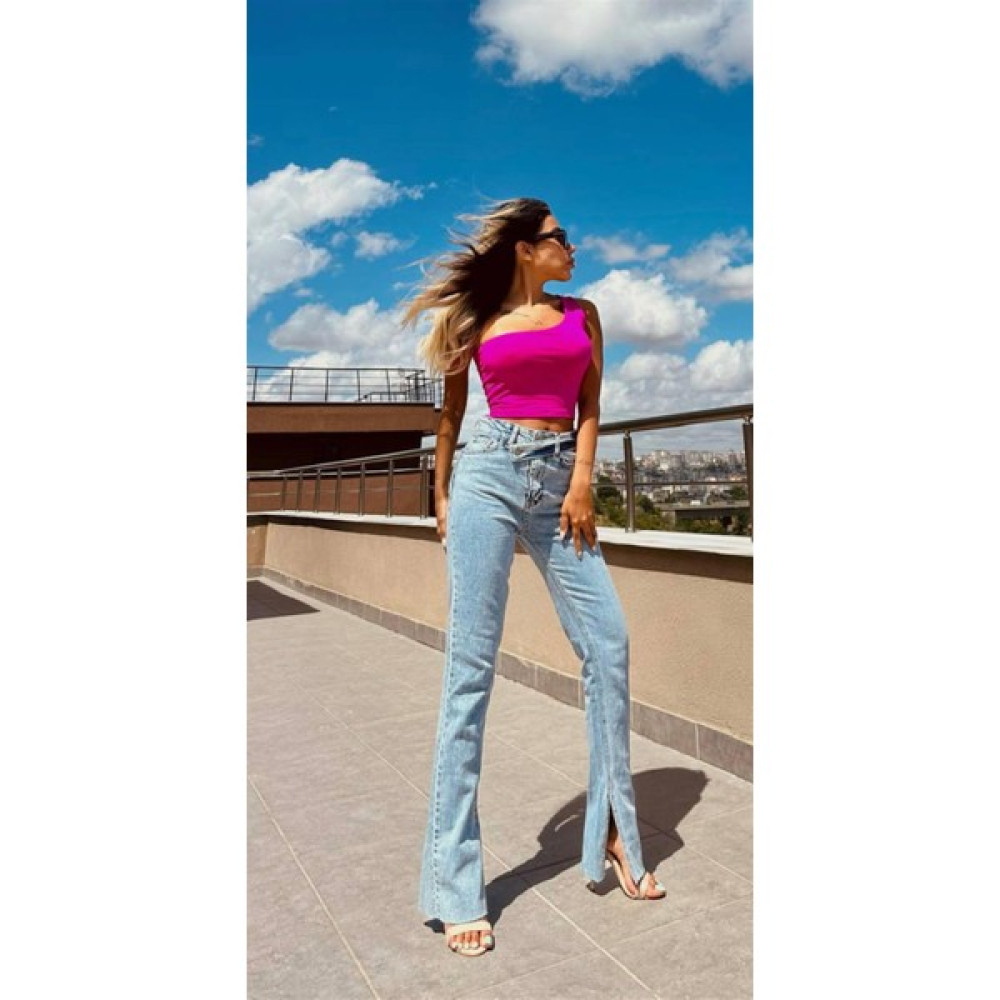 The Bark Boru Paça Çift Kemerli Paça Yırtmaçlı Kadın Jean Pantolon 40334 Mavi Bayan Jeans / Kot Pantolon Fiyatı