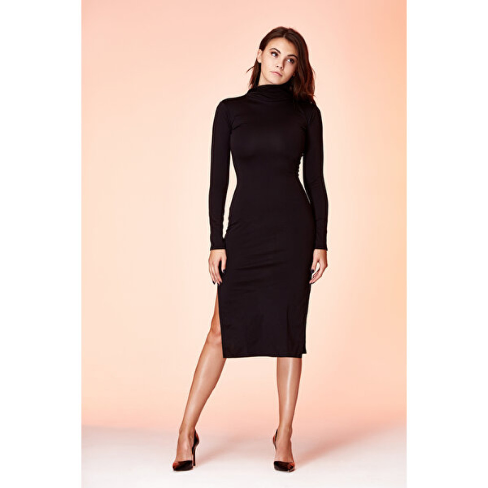 The Basic Dress Siyah Uzun Kollu ve Yarım Balıkçı Yakalı Yırtmaçlı Midi Elbise 1100751 Elbise Fiyatı