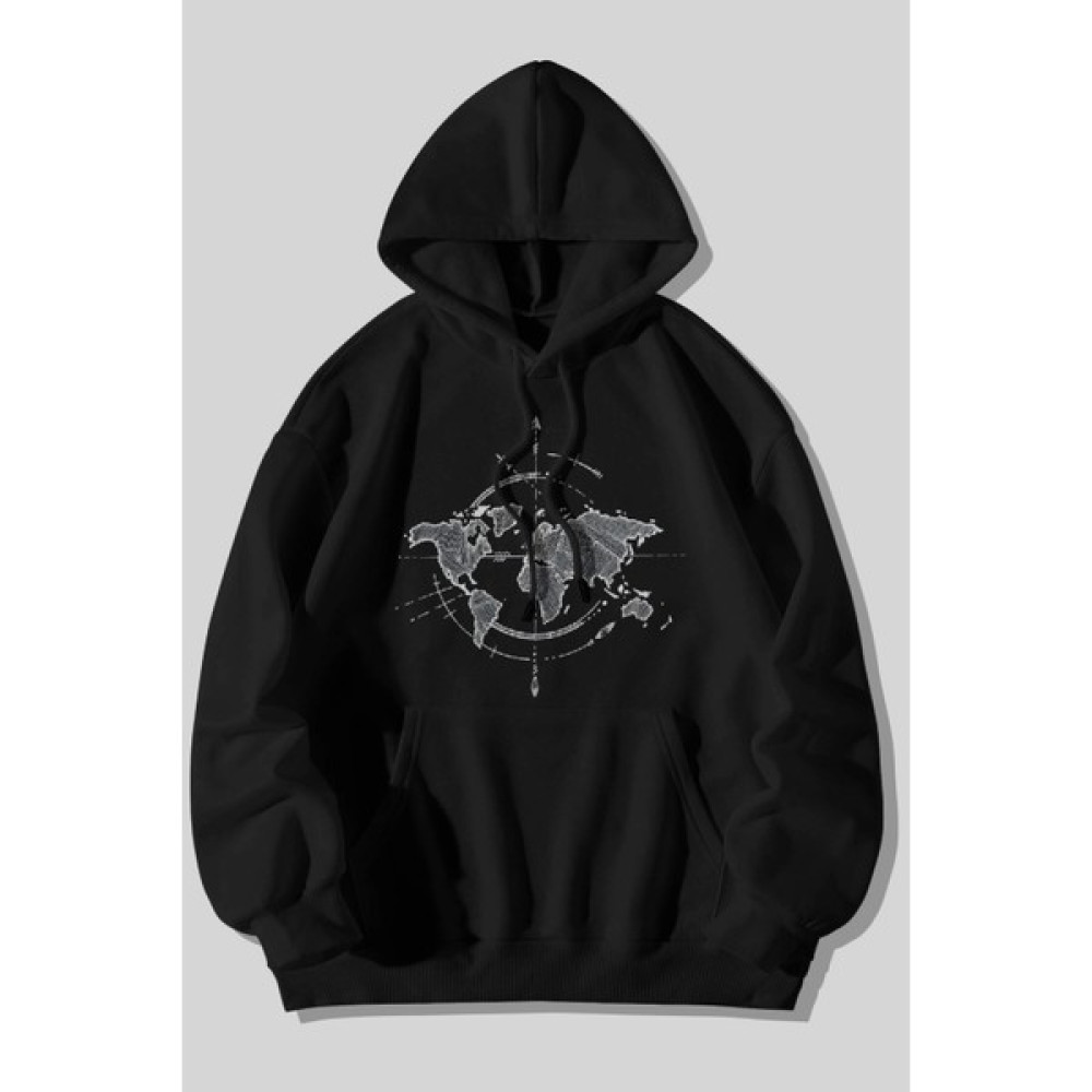 The Baski Dünya Haritası Coğrafya Baskılı Pamuk Içi Polar Premium Siyah Sweatshirt Erkek Sweatshirt Fiyatı