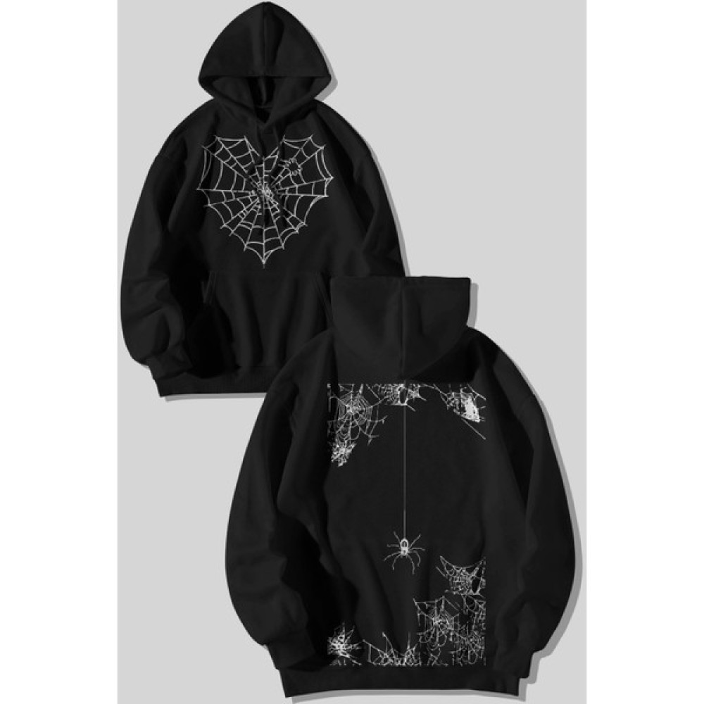 The Baski Gotik Örümcek Ağı Sırt Baskılı Pamuk Içi Polar Siyah Sweatshirt Erkek Sweatshirt Fiyatı