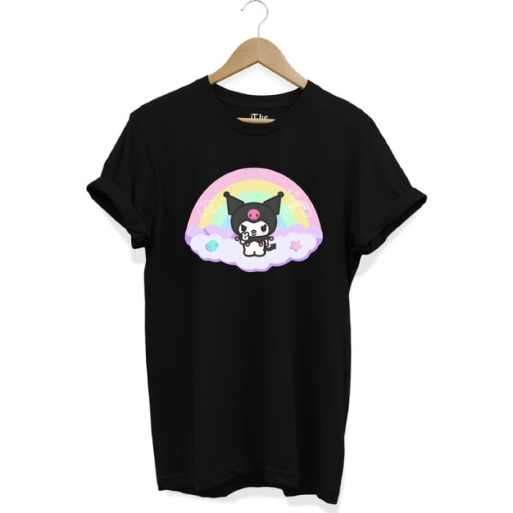 The Baski Kuromi Gökkuşağı Sevimli Baskılı Çocuk Genç %100 Pamuk Siyah Tişört Bayan T-shirt Fiyatı