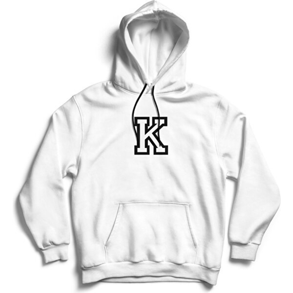 The Baski Unisex Beyaz K Harfi Baskılı Kanguru Cepli Kapüşonlu 3 Iplik %100 Pamuklu Sweatshirt Erkek Sweatshirt Fiyatı