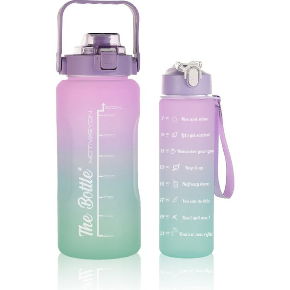 The Bottle Motivasyonel 2li Pipetli Stickerli Su Matarası Su Şişesi Suluk 2LT+900ML Yavrulu Tritan Su Şişesi Suluk Motivasyonset-2 Matara Fiyatı
