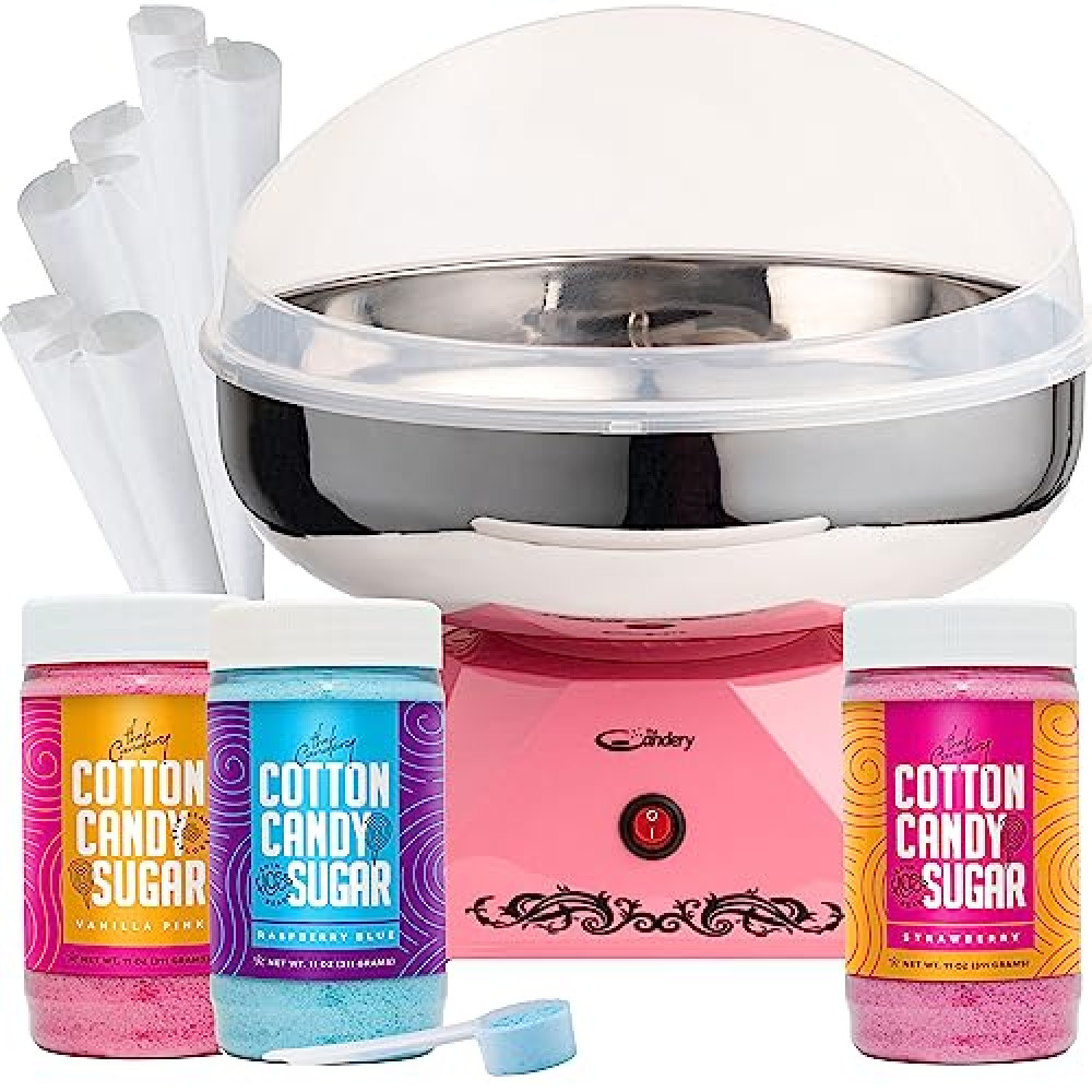 The Candery Cotton Candy Machine with Stainless Steel Bowl 2.0 and Floss Bundle- Use to Floss Sugar Floss Candy for Birthday Parties Fairs - Includes 3 Floss Sugar Flavors 12oz Jars and 50 Paper Cones