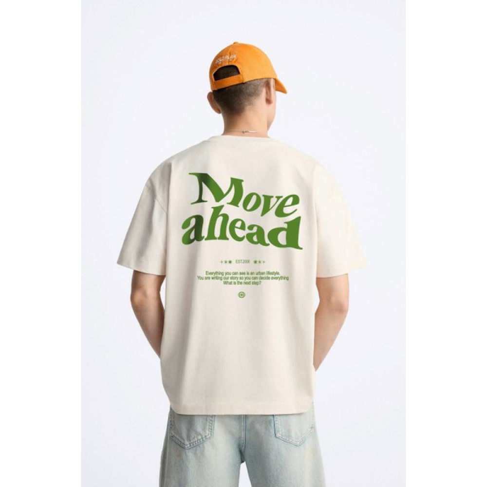 The Champ Bisiklet Yaka Move Ahead Yazılı Kordinat Baskılı Oversize Bej Erkek T-Shirt Erkek T-shirt Fiyatı