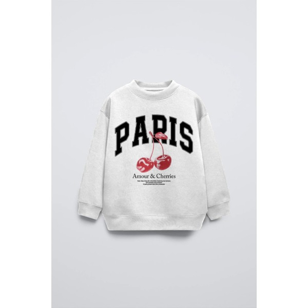 The Champ Clothing Beyaz Bisiklet Yaka Paris Yazılı Cherries Baskılı Oversize Çocuk Sweatshirt Kız Çocuk Sweatshirt Fiyatı