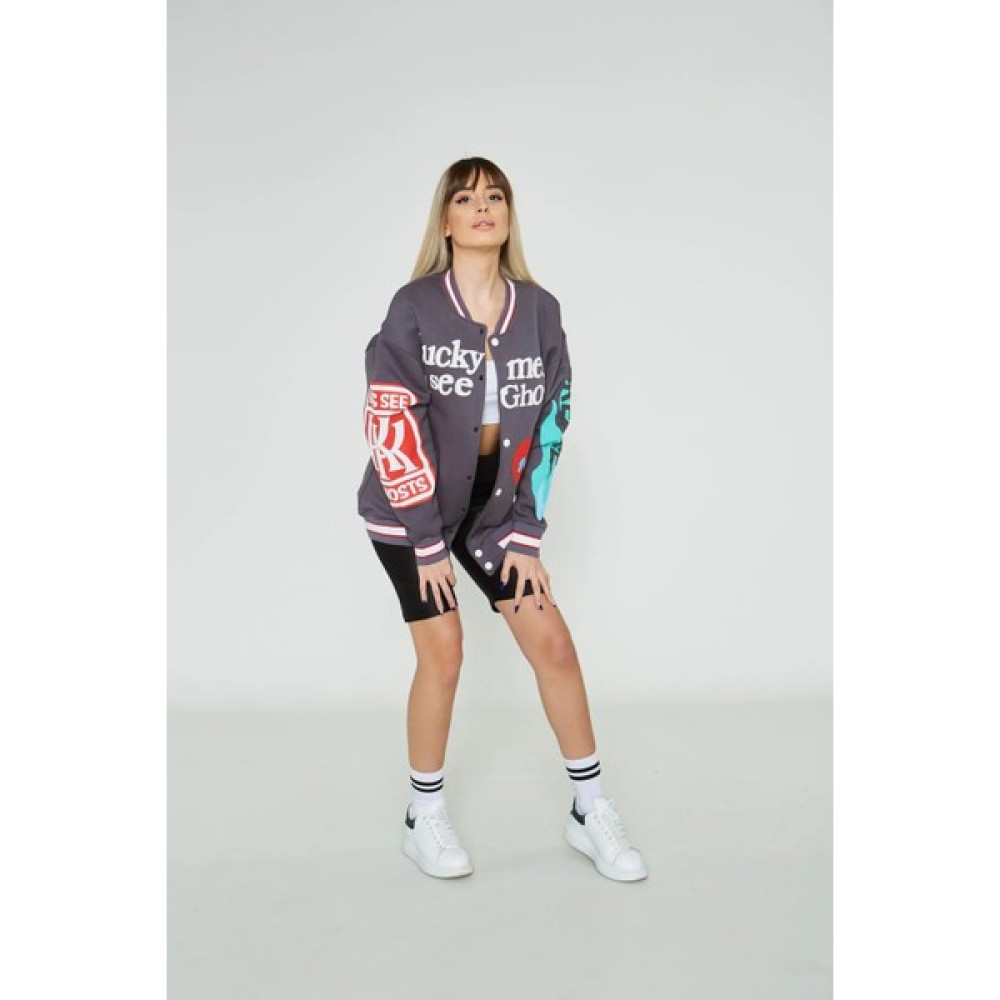 The Champ Unisex Oversize Üst 3 Iplik Baskılı Kolej Ceket Füme Erkek Ceket Fiyatı