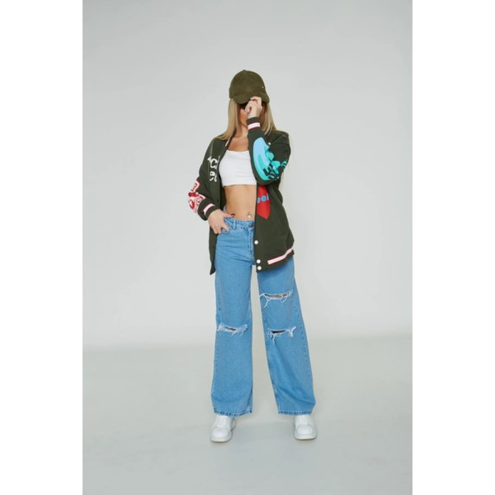 The Champ Unisex Oversize Üst 3 Iplik Baskılı Kolej Ceket Haki Erkek Ceket Fiyatı