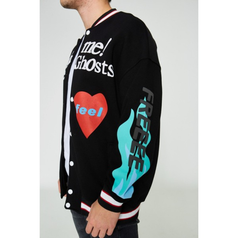 The Champ Unisex Oversize Üst 3 Iplik Baskılı Kolej Ceket Siyah Erkek Ceket Fiyatı
