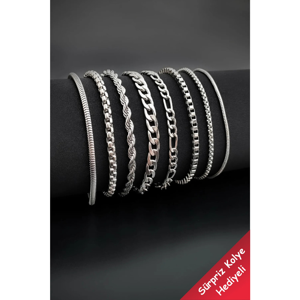 The Collection 8li Zincir Gümüş Renk Erkek Bileklik Seti (GÜMÜŞ RENK BİLEKLİK SETİ) Bijuteri Bilezik Fiyatı