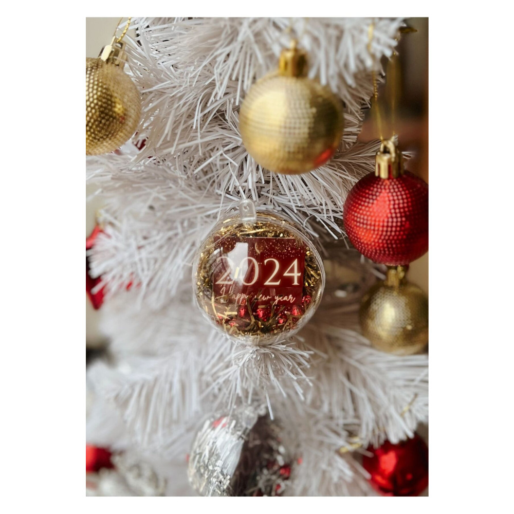 The Istanbul Event Gold-kırmızı "2024 Happy New Year" Yazılı Boncuklu Süslü Şeffaf Yılbaşı Çam Ağacı Süsü - Topu Yaş Günü & Parti Fiyatı
