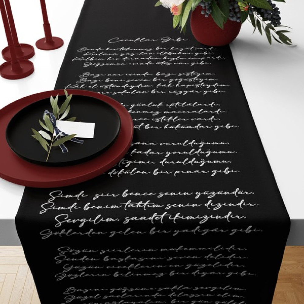 The Lucid Lab Çocuklar Gibi Siyah - Şiir Runner Örtü - 140 x 40 cm Masa Örtüsü Fiyatı