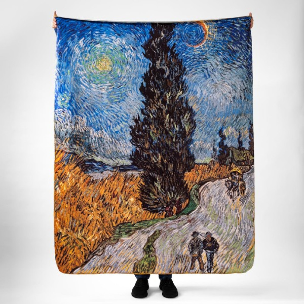 The Lucid Lab Road With Cypress And Star - Selvili ve Yıldızlı Yol Polar Tv Battaniyesi - 140 x 170 cm - Renkli Battaniye Fiyatı