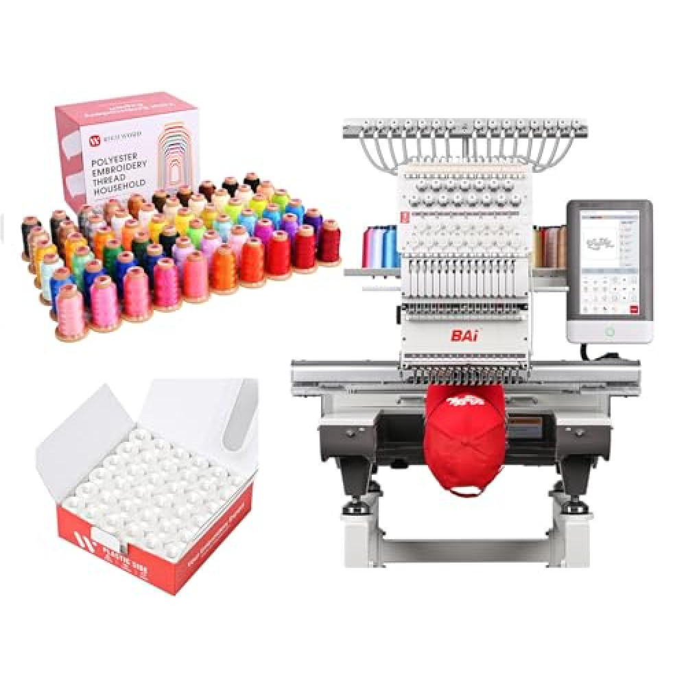 The Mirror 15 Needles Commercial Metal Embroidery Machine & Richword Prewound Bobbins 144pcs Size L 75D Plastic Sided & Richword Embroidery Thread 60 Colors 40WT (108D/2)