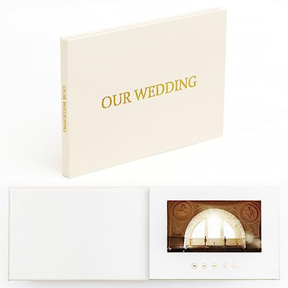 The Motion Books (OUR WEDDING - GOLD FOIL) | Luxury Linen Bound Wedding Video Book | Wedding Video Album | Up to 3 hours of video, 7” IPS Display, 4GB of memory & Rechargeable Battery