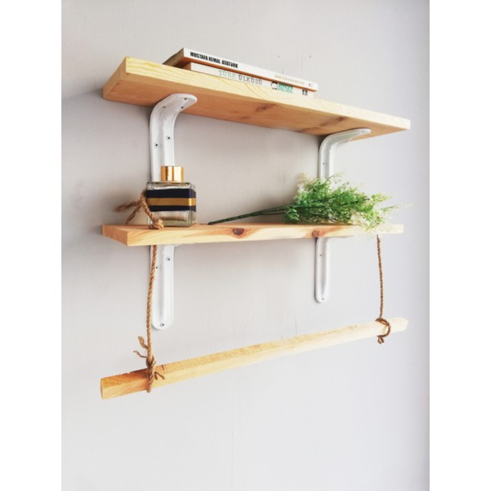 The N Wood Halatlı Ahşap Dekoratif Duvar Rafı 50X11 Cm, Metal Beyaz Ayaklı Kitaplık - Duvar Rafı & CD / DVD Rafı Fiyatı