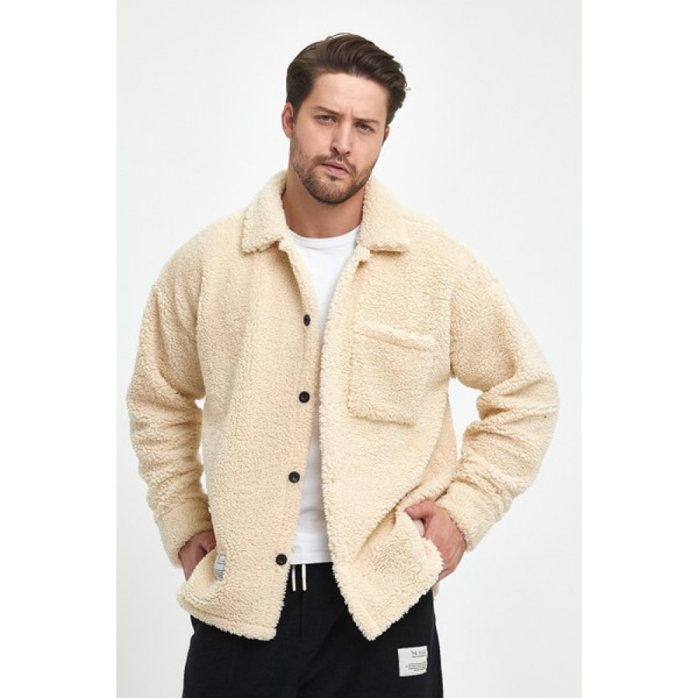 The Rule Erkek Bej Peluş Oversize Fit Gömlek Yaka Kışlık Rahat Tek Cepli Ceket RF0457 Erkek Ceket Fiyatı