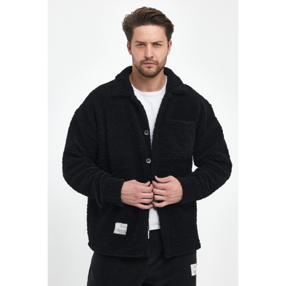 The Rule Erkek Siyah Peluş Oversize Fit Gömlek Yaka Kışlık Rahat Tek Cepli Ceket RF0457 Erkek Ceket Fiyatı
