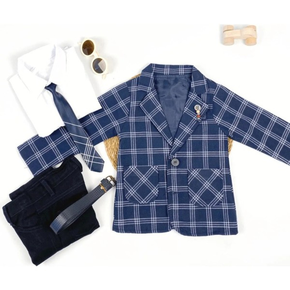 The Simple Luxury Erkek Bebek Çocuk Mavi Ekose Lüx Takım Elbise Bebek Giysi Takım Fiyatı