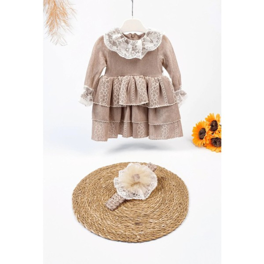 The Simple Luxury Kız Bebek Triko Katlı Dantel Süslemeli Saç Bantlı Pamuk Astarlı Elbise Bebek Elbisesi Fiyatı