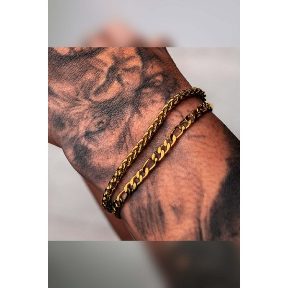 The Steel 2'li Angelus ve Figaro Zinciri Kararmaz Unisex Gold Çelik Bileklik Saat ve Bileklik Aksesuarı Fiyatı