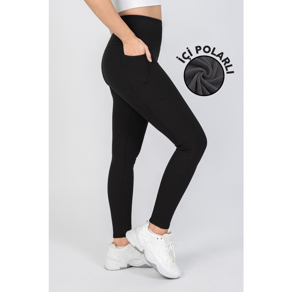The Step Sports Kadın Siyah Fitilli Kışlık Içi Polarlı Cepli Yüksek Bel Bilek Hizası Termal Tayt 25" XL Beden Tayt Fiyatı