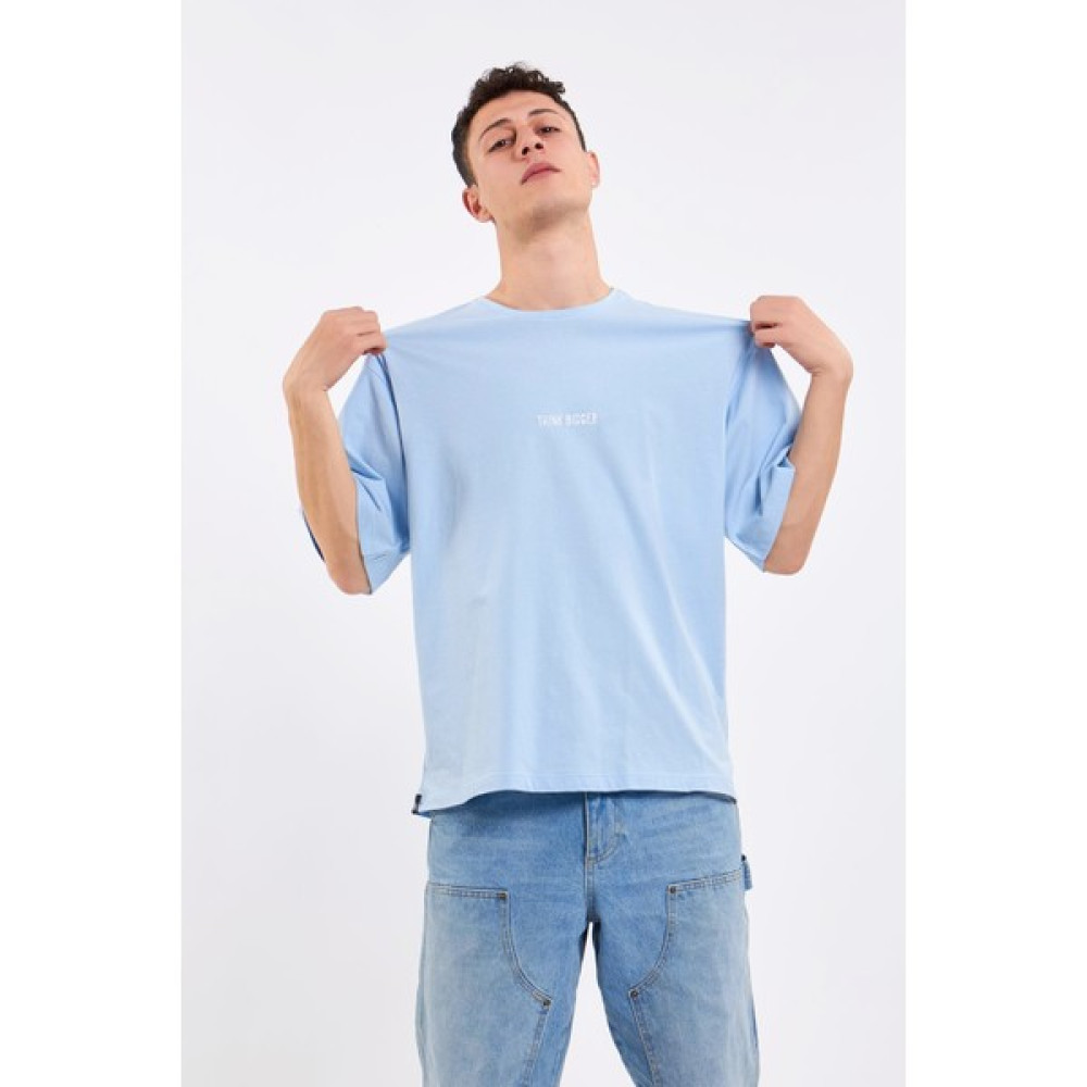 Thecatu Unisex Think Bigger Baskılı Oversize Buz Mavisi T-Shirt %100 Pamuk 4011E Erkek T-shirt Fiyatı