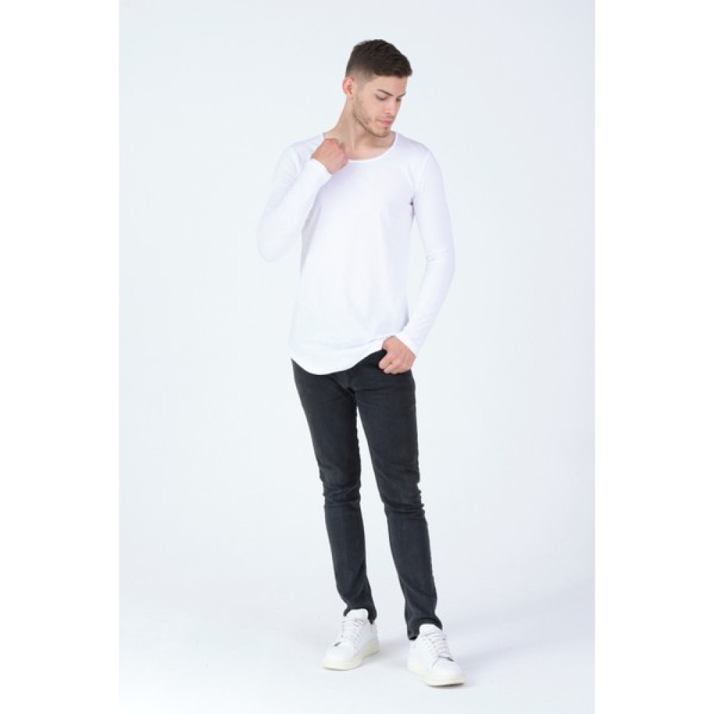 Theone Siyah Pis Yaka Oval Kesim Uzun Kol %100 Pamuk Basic Slim T-Shirt Erkek T-shirt Fiyatı