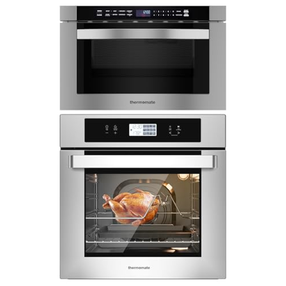ThermoMate 24 Inch Built-in Microwave Drawer with Automatic Presets + 24" Electric Wall Oven with 12 Functions, 3100W Convection Ovens