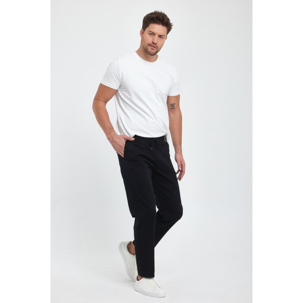 TheSeason Erkek Siyah Keten Lastikli Beli Bağlamalı Likralı Slim Fit Rahat Kesim Jogger Pantolon Erkek Pantolon Fiyatı