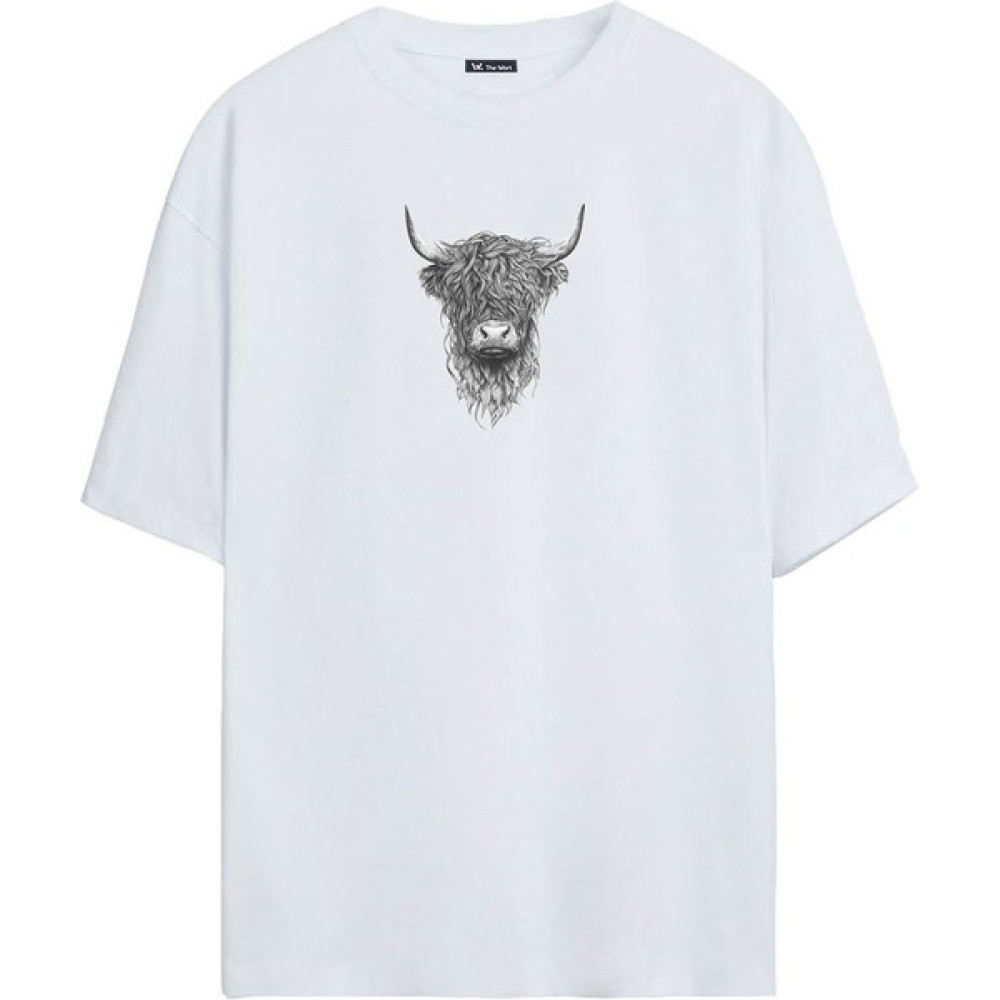 Thewert Iskoç Sığır Baskılı Beyaz Oversize Tshirt Erkek T-shirt Fiyatı