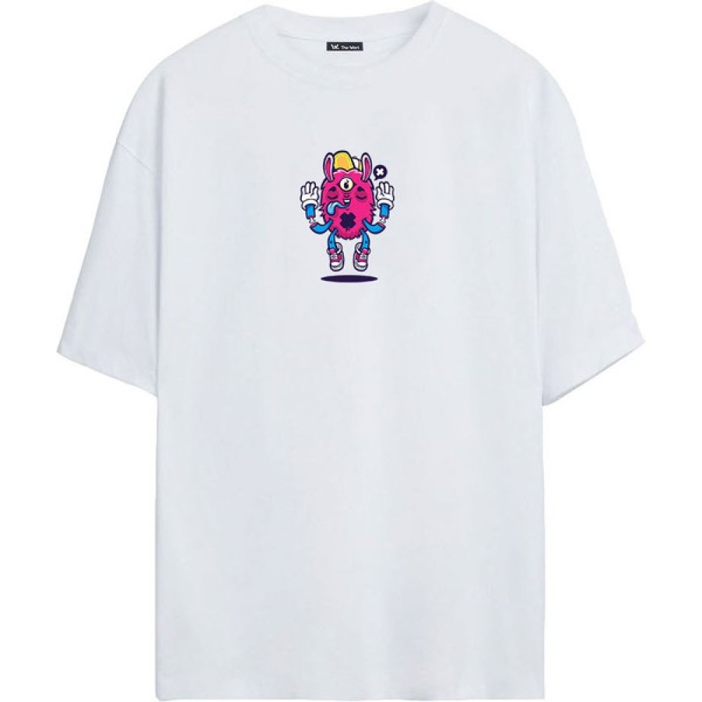 Thewert Tüylü Canavar Mor Baskılı Beyaz Oversize Tshirt Erkek T-shirt Fiyatı