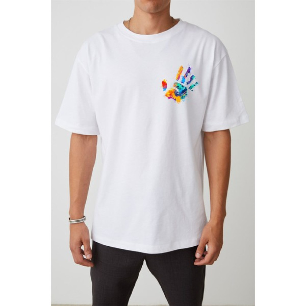 Thewert Unisex Renkli El Baskılı Beyaz Oversize Tshirt Erkek T-shirt Fiyatı