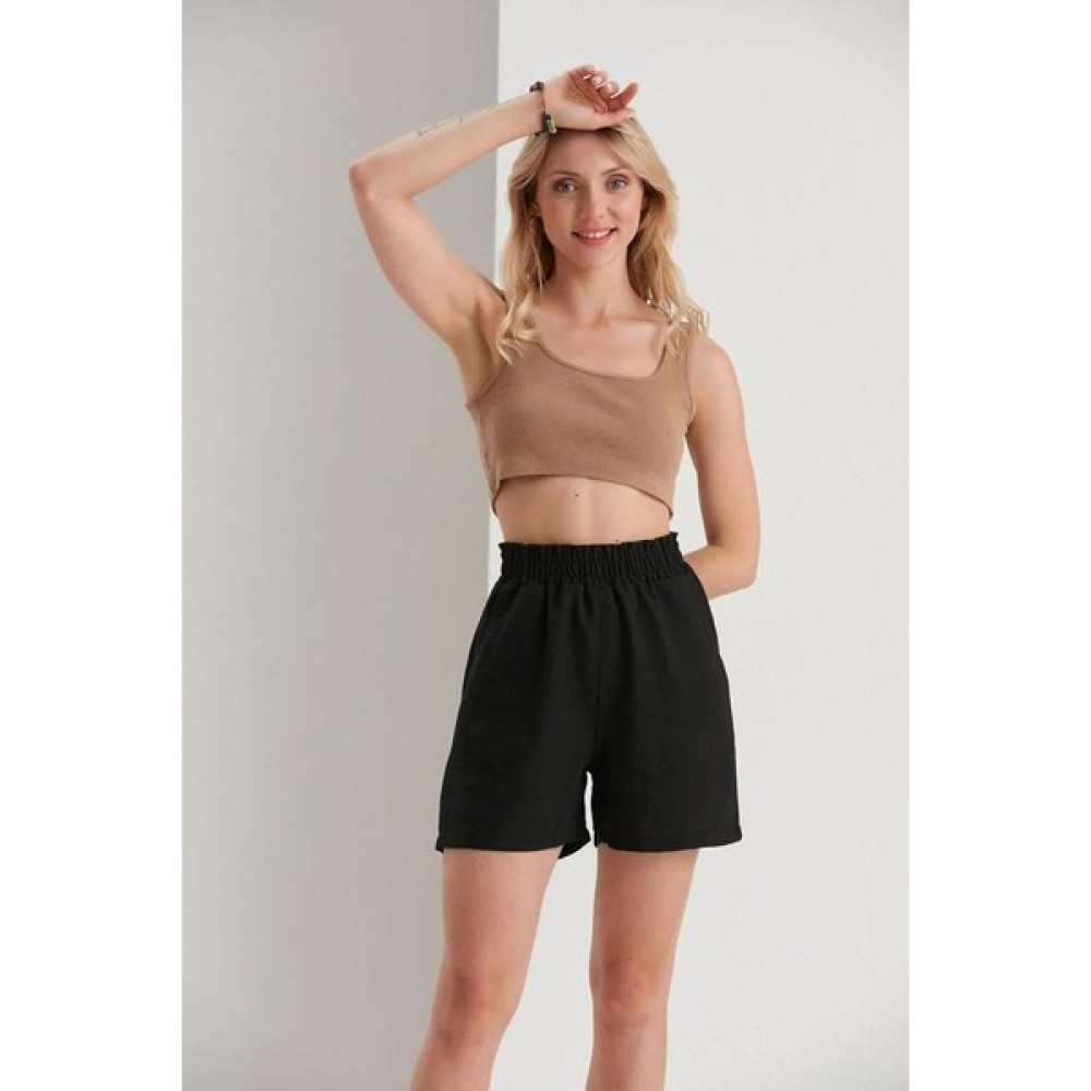 Thin Shop Siyah Kemer Detaylı Keten Karışımlı Yazlık Şort - Keten Kadın Şort - Keten Şort Bayan Şort Fiyatı